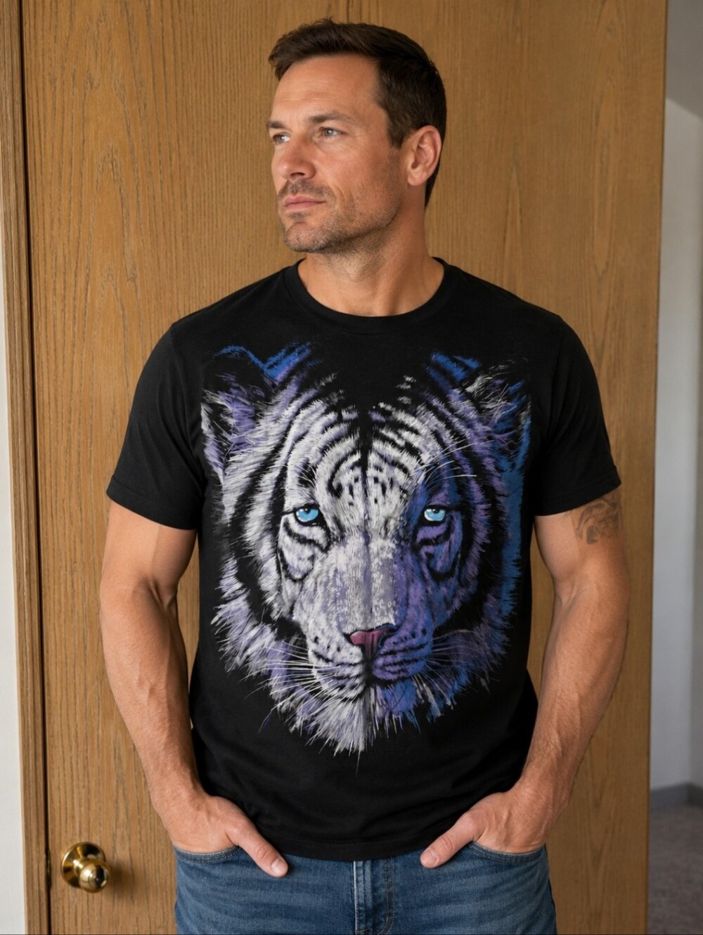 Liquid Blue Black Graphic Tiger Tee with Blue Accents